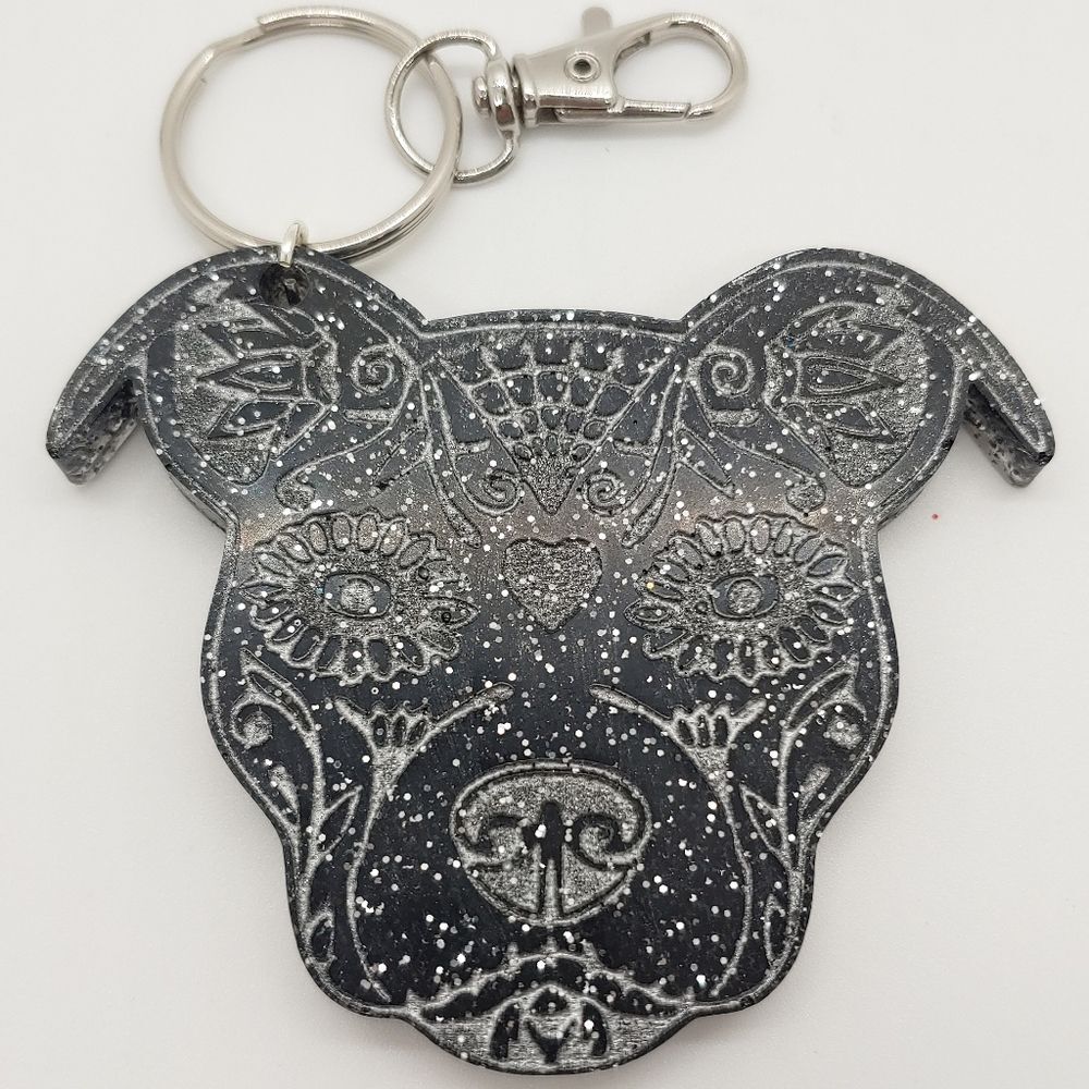 Keychain Pitbull Sugar Skull w/ Glitter